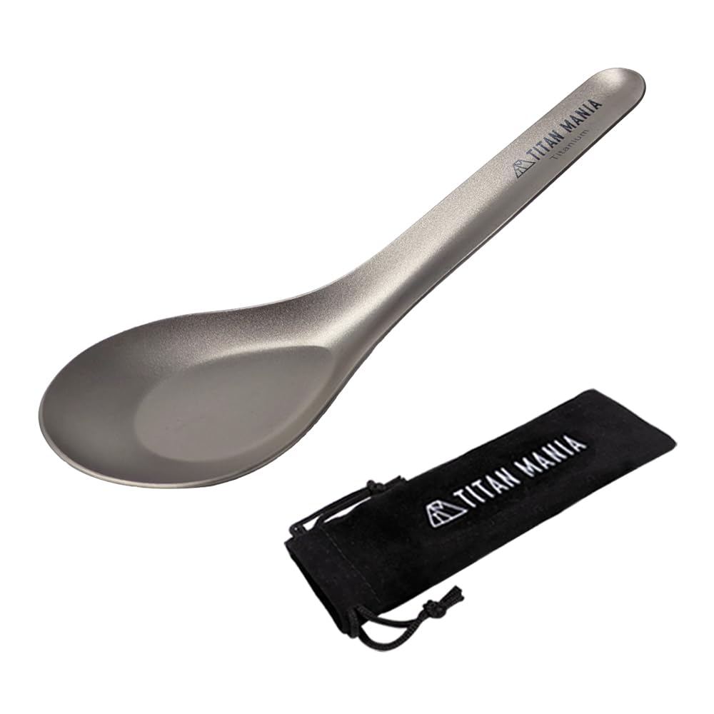 TITAN MANIA Lightweight Titanium Spoon Suitable for Direct Cooking Kitchen Solo Outdoor Camping with Storage Bag - Ultra-lightweight, Sturdy, Flame,