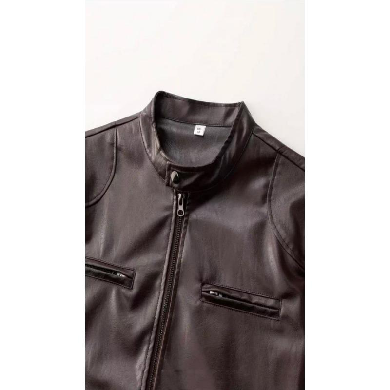 Mens Pu Leather Stand Collar Motorcycle Jacket Slim Fit Casual Outerwear