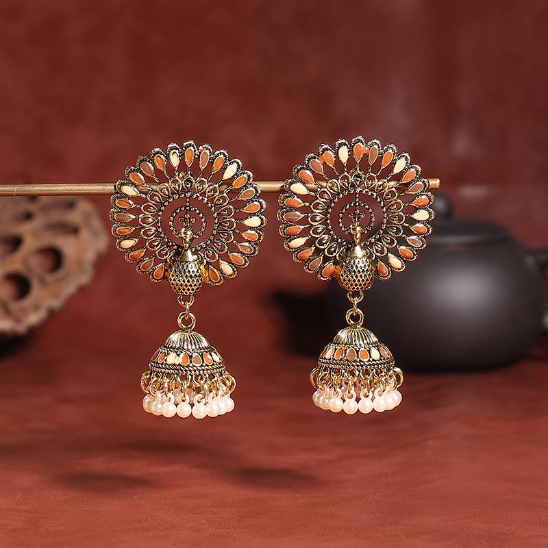 Ethnic Style Painted Peacock Bell Pearl Earrings Unique Design Color-blocking Peacock Tail Tassel Earrings for Women