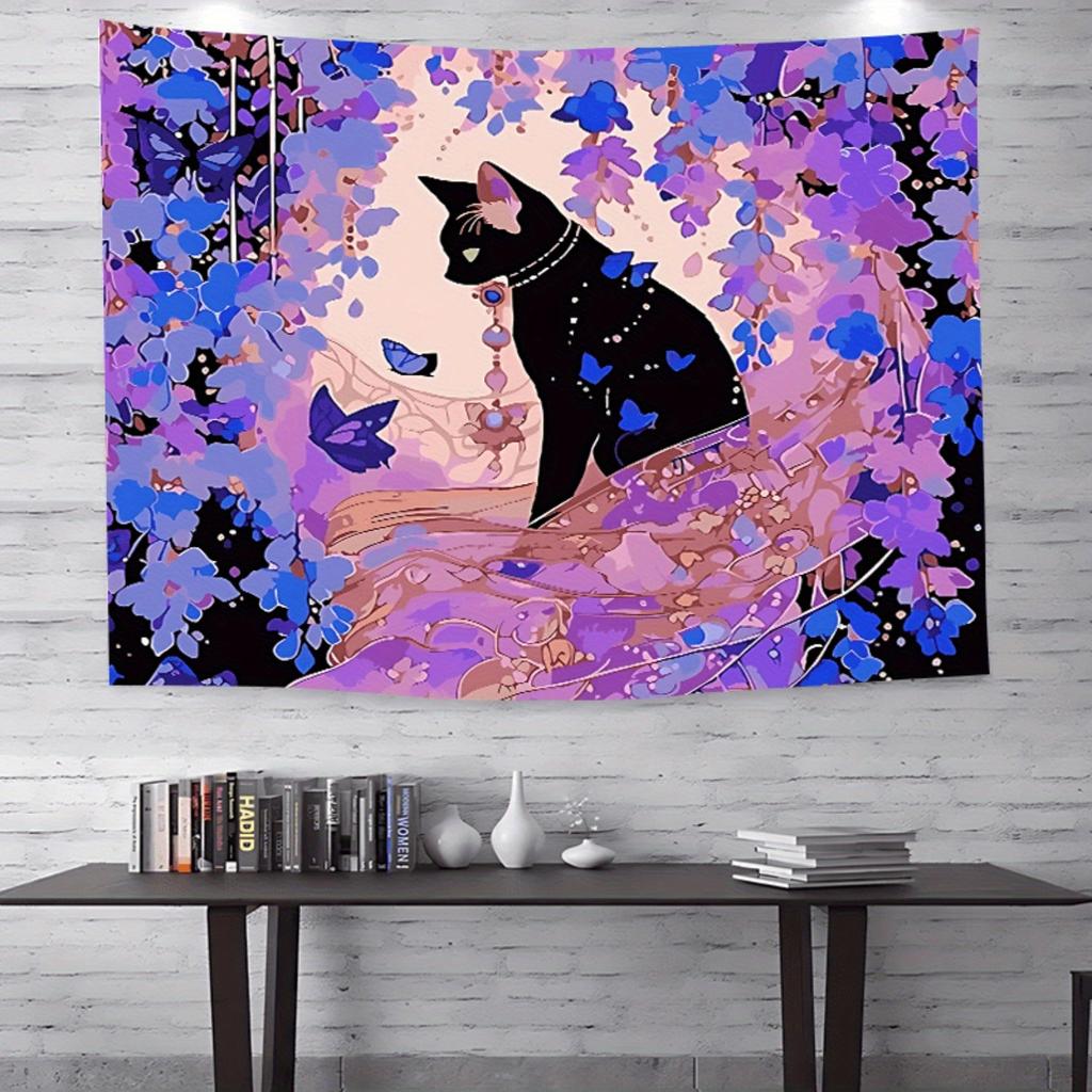 Enchanted Cat Tapestry  Vibrant Wall Hanging with Purple Flowers for Bedroom and Living Room Decor Perfect Gift