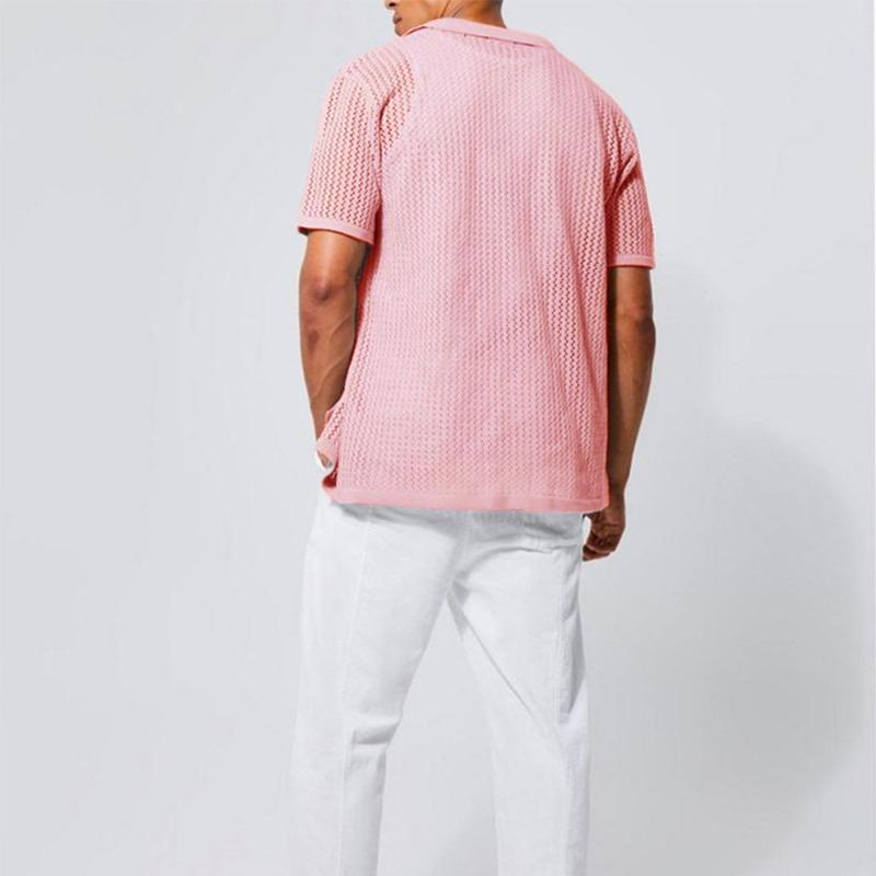 Men's Knit Short Sleeve Button Down Shirt Hollow Out Casual Top.