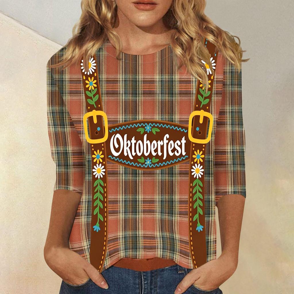 Women Casual Three Quarter Sleeve Oktoberfest Print Round Neck Top Lightweight Soft Fabric Festival Shirt