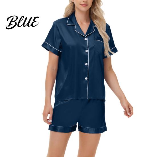 Casual Daily Wear Pajamas 2 Pcs/Set Suit Satin Single-breasted Cardigan Shirt V Neck Notch Collar