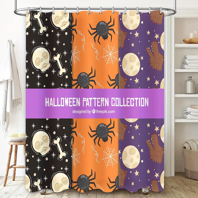 Halloween-themed shower curtains collection featuring spooky patterns like spiders, skeletons, bats, ghosts, moons, cats wolves