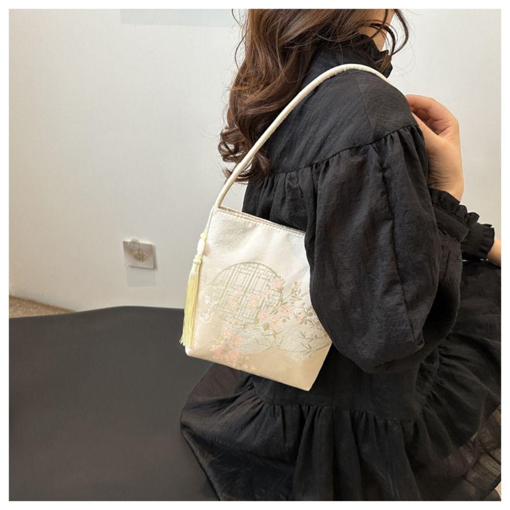 Large Capacity New Chinese Style Handbag Handbag Flower Underarm Bag Hanfu Bucket Bag  Girls