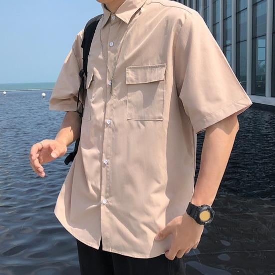 Wiosenna męska koszula cargo z kołnierzykiem, zapinana na jeden rząd guzików, luźna, krótka, w jednolitym kolorze, z kołnierzykiem i rękawami, odzież uliczna, robocza, do dojazdów, do biura, top