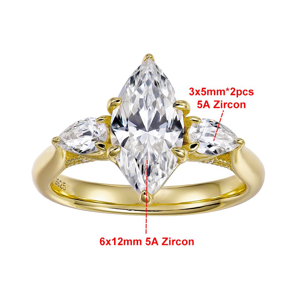 6x12mm Marquise Cut Zircon Rings for Women 100%   CopperSparkling 3 Stones Zirconia Ring Wedding Bands Jewelry Gift