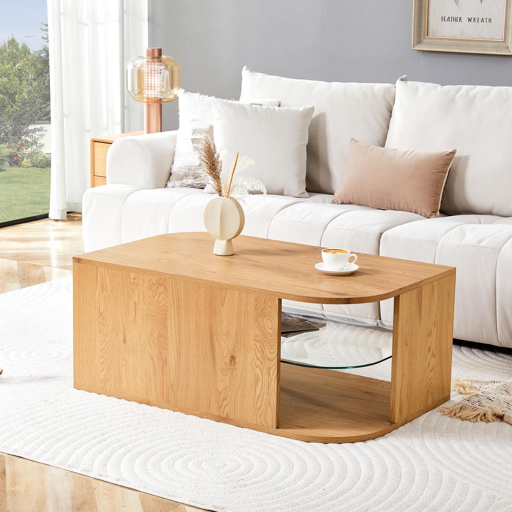 Modern Coffee Table with Storage, Natural Wood and Glass Shelf, Minimalist Living Room Table for Home Office, Apartment and Small Spaces (100x60x42cm)