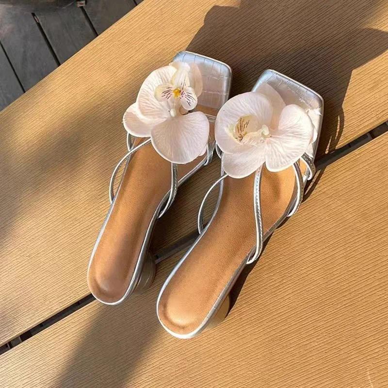 Fashion Shoes Female 2025 Brand Open Toe Women's Slippers Fashion Floral Dress Summer New Narrow Band Square Toe High Heelszapatos Mujer