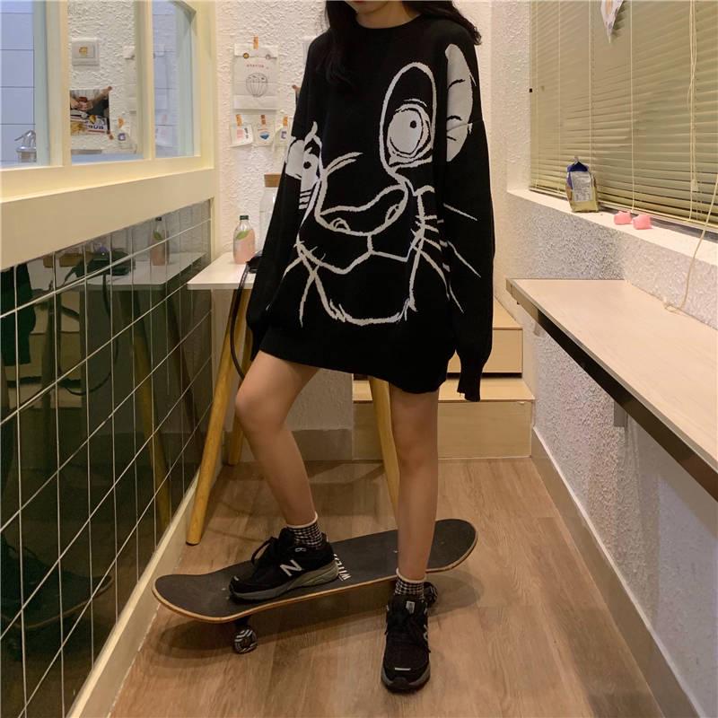 

WTEMPO Шикарный свитер с круглым вырезом, женский мультяшный узор, стиль Харадзюку, свободный свитер BF Wild, пальто XL чёрный