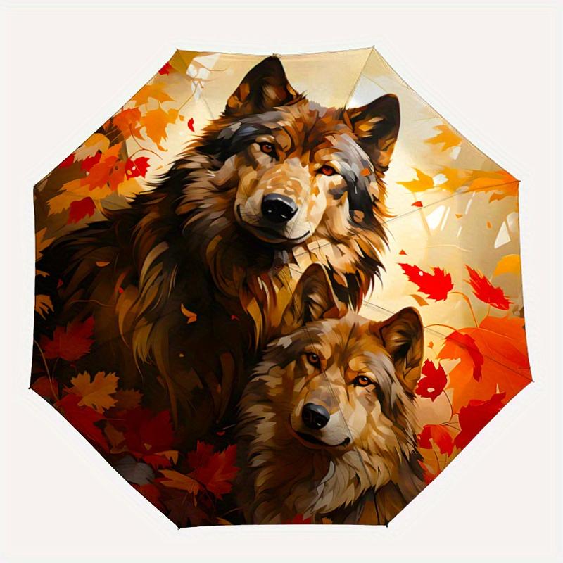 1pc Autumnal Wolves Cartoon Umbrella,Compact Umbrella, Suitable for Camping, Ideal Easter Birthday Gift for Family and Friends.C036
