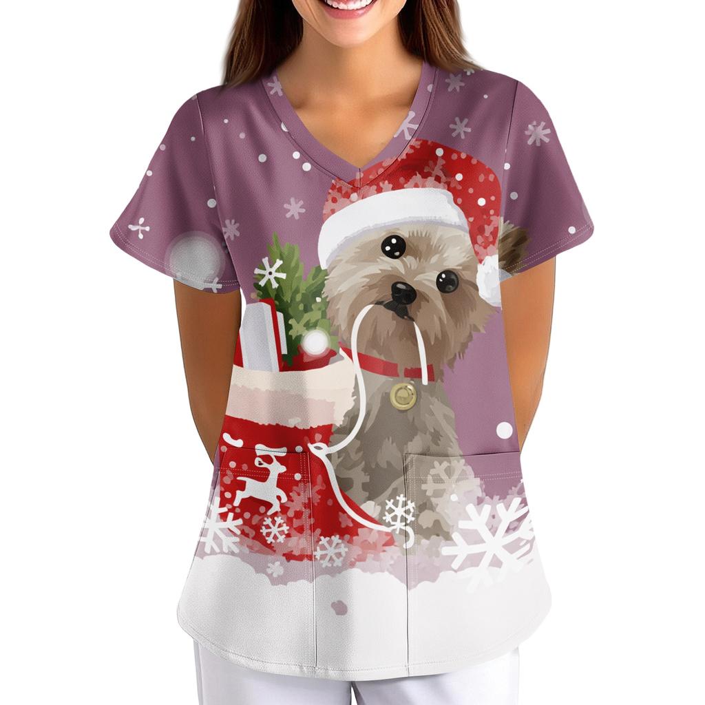 Women's Christmas Print Loose Fit V-Neck Short Sleeve Scrub Top with Pockets for Work
