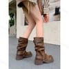 2024 New Retro Fashion Versatile Brown Mid-calf Western Cowboy Boots Round Toe Square High Heel Punk Style Women's Trouser Boots
