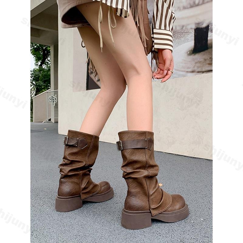 2024 New Retro Fashion Versatile Brown Mid-calf Western Cowboy Boots Round Toe Square High Heel Punk Style Women's Trouser Boots