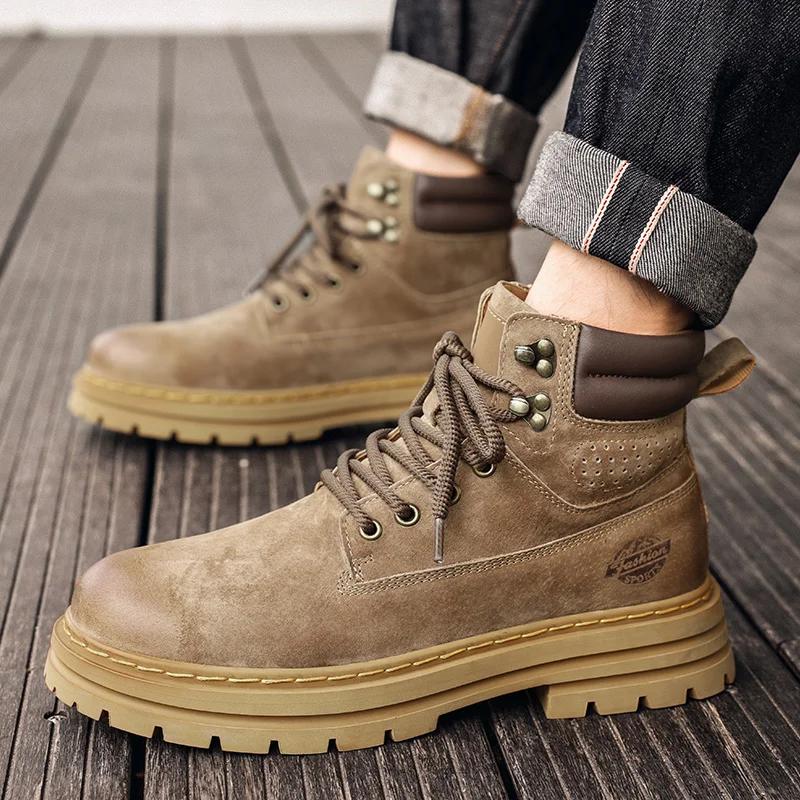 Male Shoes Genuine Leather Walking Boots Lace Up High Quality Outdoor Motocross Boots Men Thick Sole Men's Casual Shoes