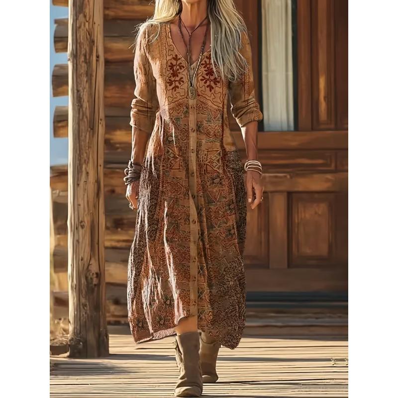 Creative Tie-dye Printing Women's New V-neck Long-sleeved Dress Medium and Long Dress