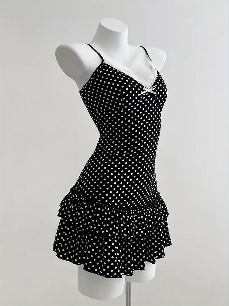 European-Inspired Sweet Polka Dot Bow Waist-Cinching Lace Slip Dress