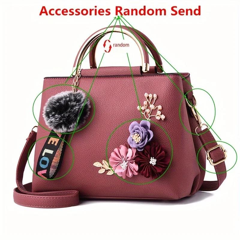 Chic 3D Flower Decor Tote Bag, Stylish Leather Single Crossbody Bags for Women's Handbag Shoulder Bag, Small Top Handle Purse
