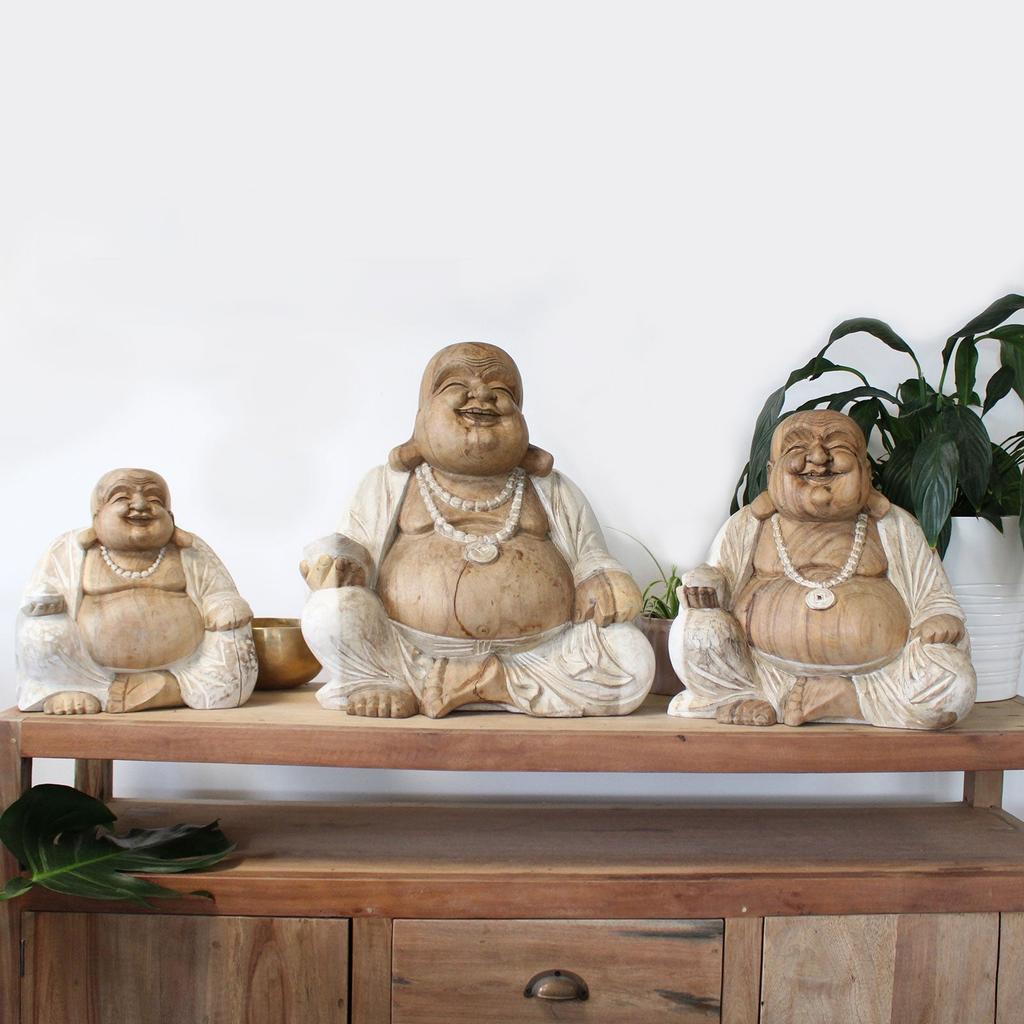 Buddha Statue Happy Whitewash Suar Wood 40cm