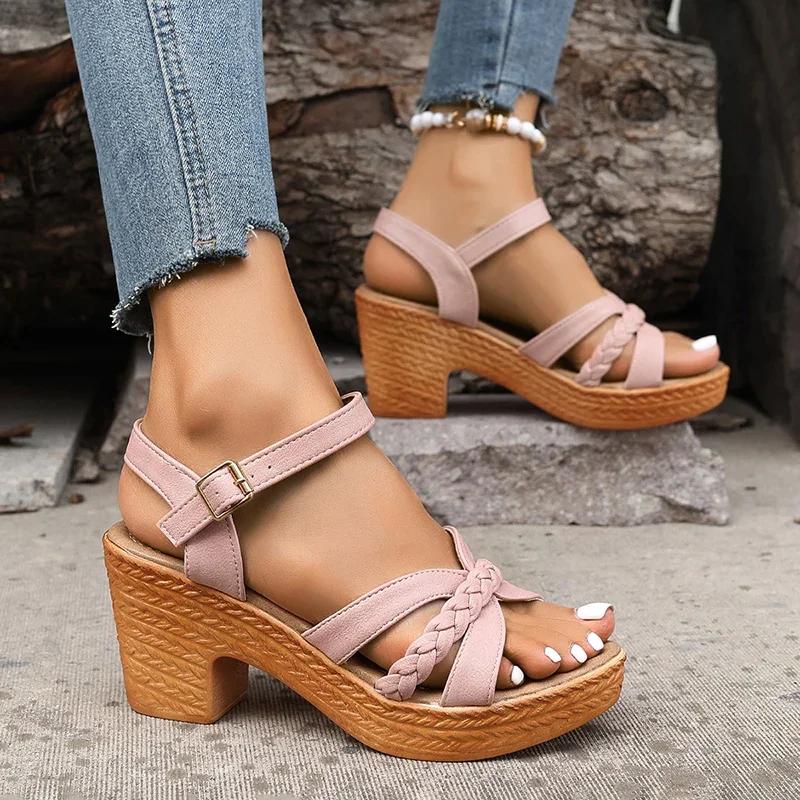 Fashion Women's Braided High Heels Sandals 2025 Summer Chunky Platform Gladiator Sandals Woman Ankle Straps Vacation Casual Beach Shoes