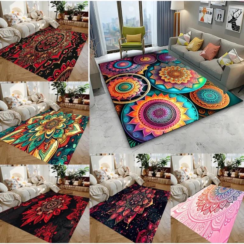 Non-Slip Vintage Mandala Area Mat Bohemian Style Polyester Rug for Living Room Bedroom Entryway Vibrant Home Decoration Carpet