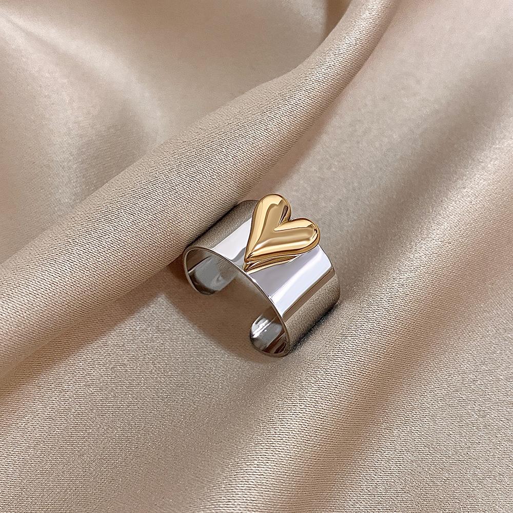 Flashbuy Stainless Steel Rings for Women Gold copper Color Love Heart Open Ring Statement Fashion Zircon Gift