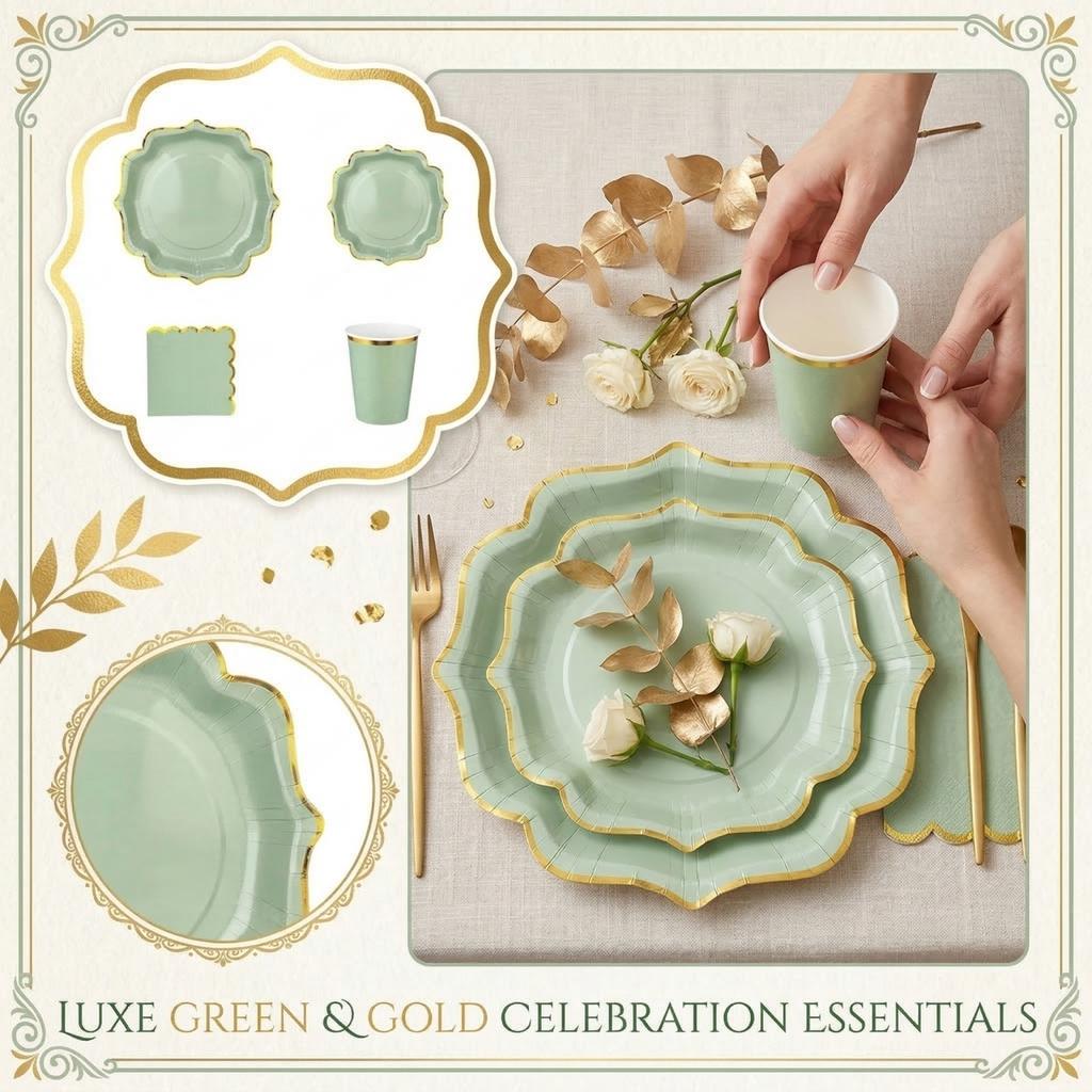 Green Gold Foiled Disposable Tableware Party Supplies Set
