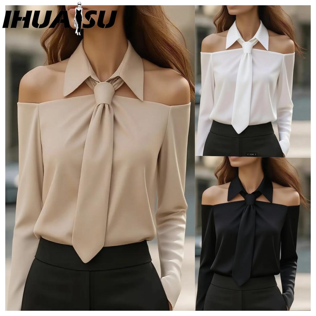 IHUASU Moda Donna Casual Tinta Unita Stampa Manica Lunga Bluse e Camicie