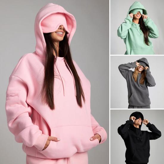 2Pcs/Set Airplane Mode Travel Hoodie Pullover Hoodie with Built-in Eye Mask Wearable Blanket Hoodie with Hidden Pockets Pants for Men Women Long