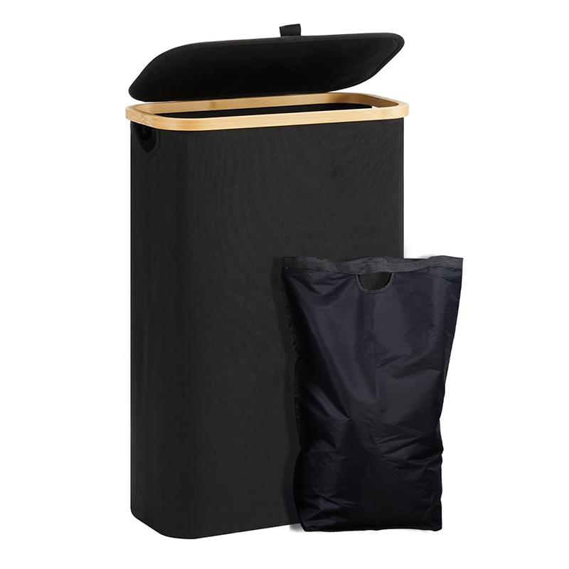 Foldable Bamboo Laundry Basket with Lid and Inner Bag for Bedroom or Bathroom
