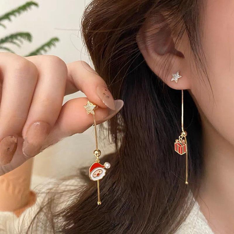Asymmetric Snowflake Christmas Boot Hat Drop Earrings for Women Moving Santa Claus Long Tassel Earring Party Jewelry
