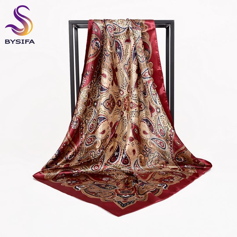 

[BYSIFA] Autumn Winter Ladies Scarves New Accessories Women Large Silk Square Scarves New Wine Red Paisley Muslim Islamic Scarf 90X90cm
