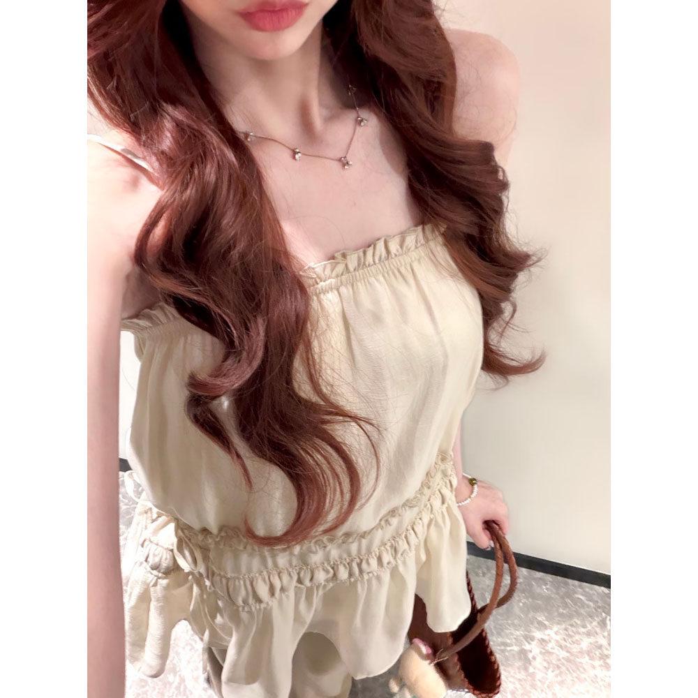 Lace Spliced A-Line Skirt & Camisole Pleated Dress - Slim-fit, Cinched Waist, Layered Vacation Style