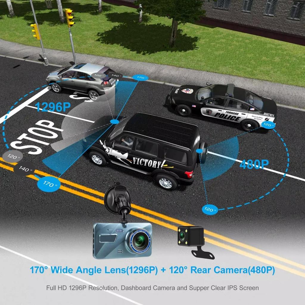 Dash Cam 1080P Dual Lens DVR Car Driving Recorder 4 Inch LCD Screen 170° Wide Angle, G-Sensor, WDR, Parking Monitor, Loop Recording, Motion Detection