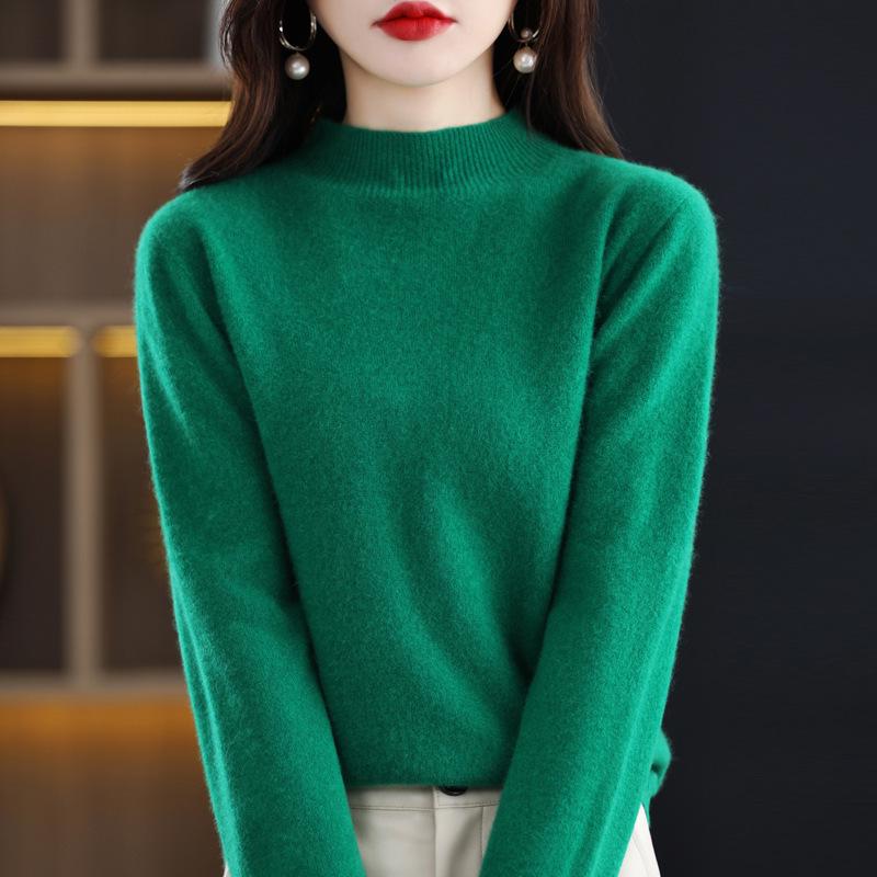 Women's 100% Wool Seamless Pullover Sweater: Autumn/Winter Half-High Neck Base Layer