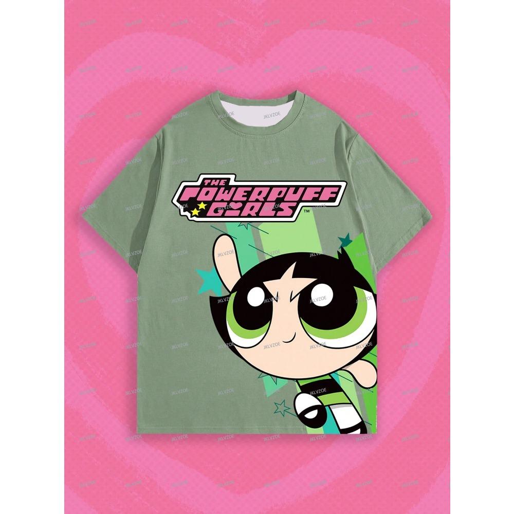 THE POWERPUFF GIRLS Women's Short Sleeve 3D Print T-shirt Round Neck Summer Oversized Casual T-Shirt Women's Clothes