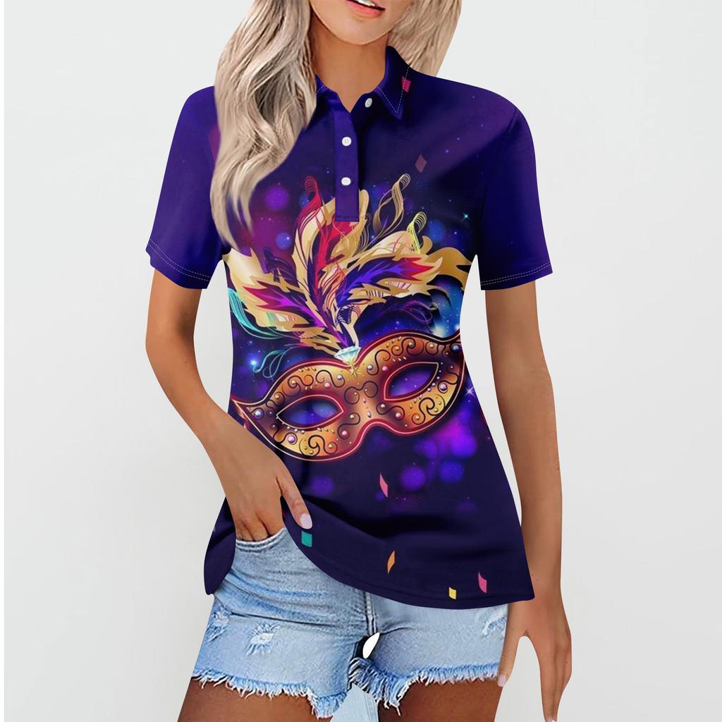 Women's Casual Floral Print V-Neck Short Sleeve Decorative Button T-Shirt Top