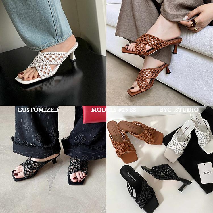 European and American holiday style hand-woven comfortable wedge heel outer slippers 2025 medium heel breathable square head open-toed sandals women