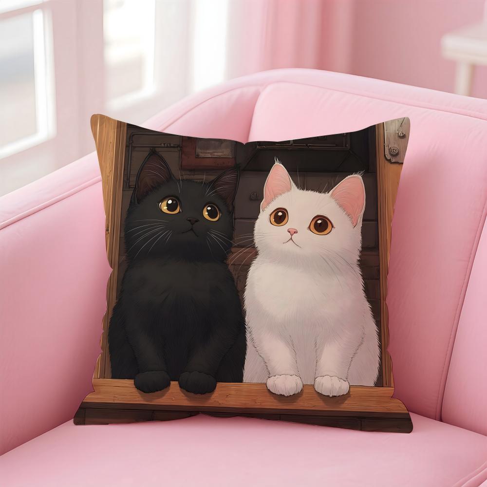 LLittle Black Cat Couple Cushion Cover Pillow Case Soft Friendly Fabric Concealed Zipper