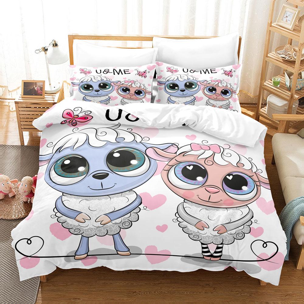Cartoon Sheep Duvet Cover Set Cute White Sheep Flowers Pattern King Queen Full Size For Kids Boy Girl Gift Polyester Bedding Set