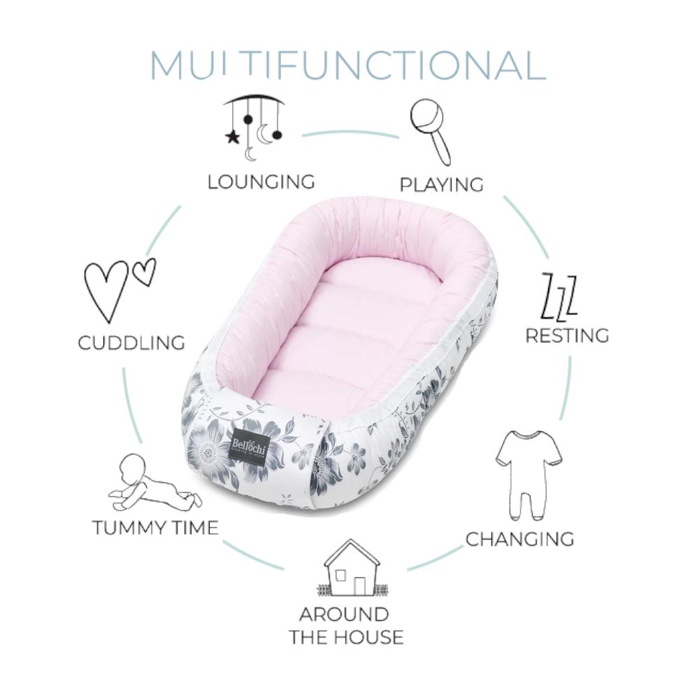 Bellochi Baby Nest Pod Baby Sleep Pod for Newborn - 100% Cotton - 90x60x12cm - with Protective Edges - Pink Berry