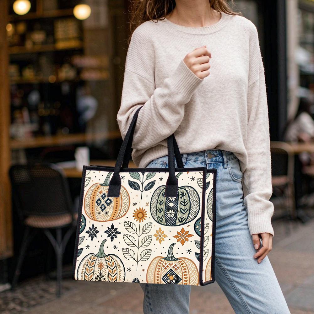 Bohemian Pumpkin Print Tote Bag Casual Canvas Shoulder Bag for Daily Use