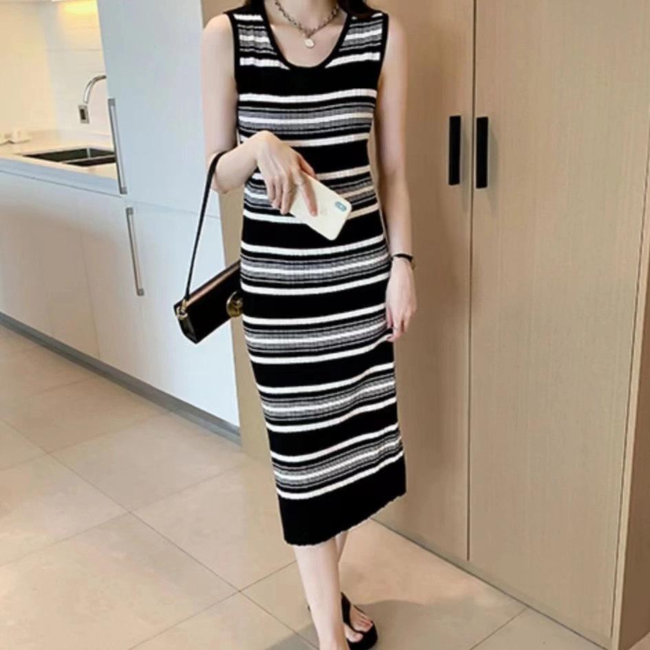 New striped knitted dress French design sense temperament thin sleeveless vest skirt medium and long versatile