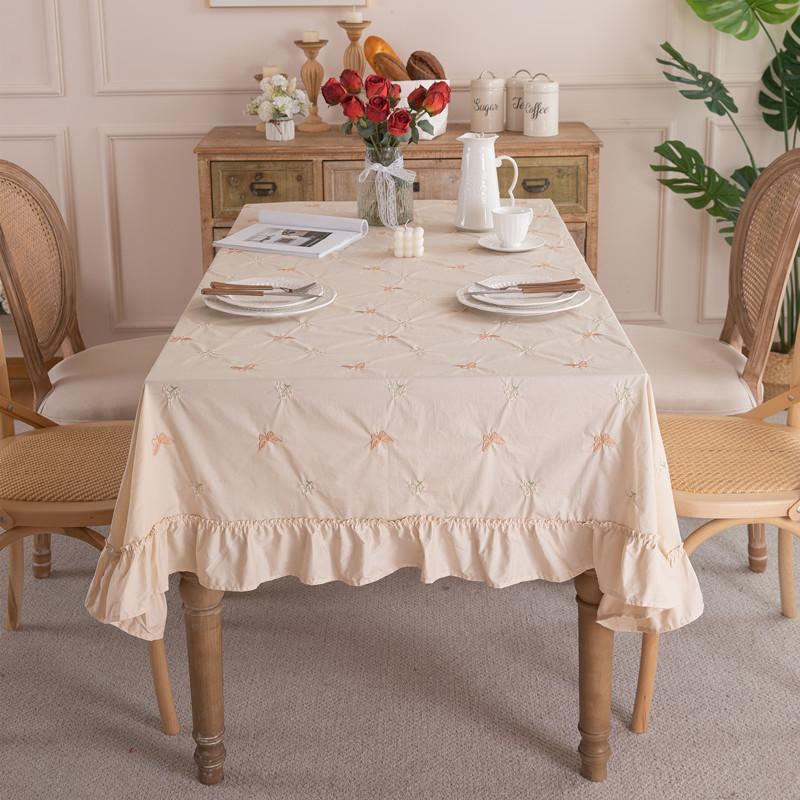 Light Luxury Cotton Apricot Embroidered Flowers And Plants Animal Skirt Pleated Lotus Leaf Edge Round Coffee Table Tablecloth Dining Table Cloth