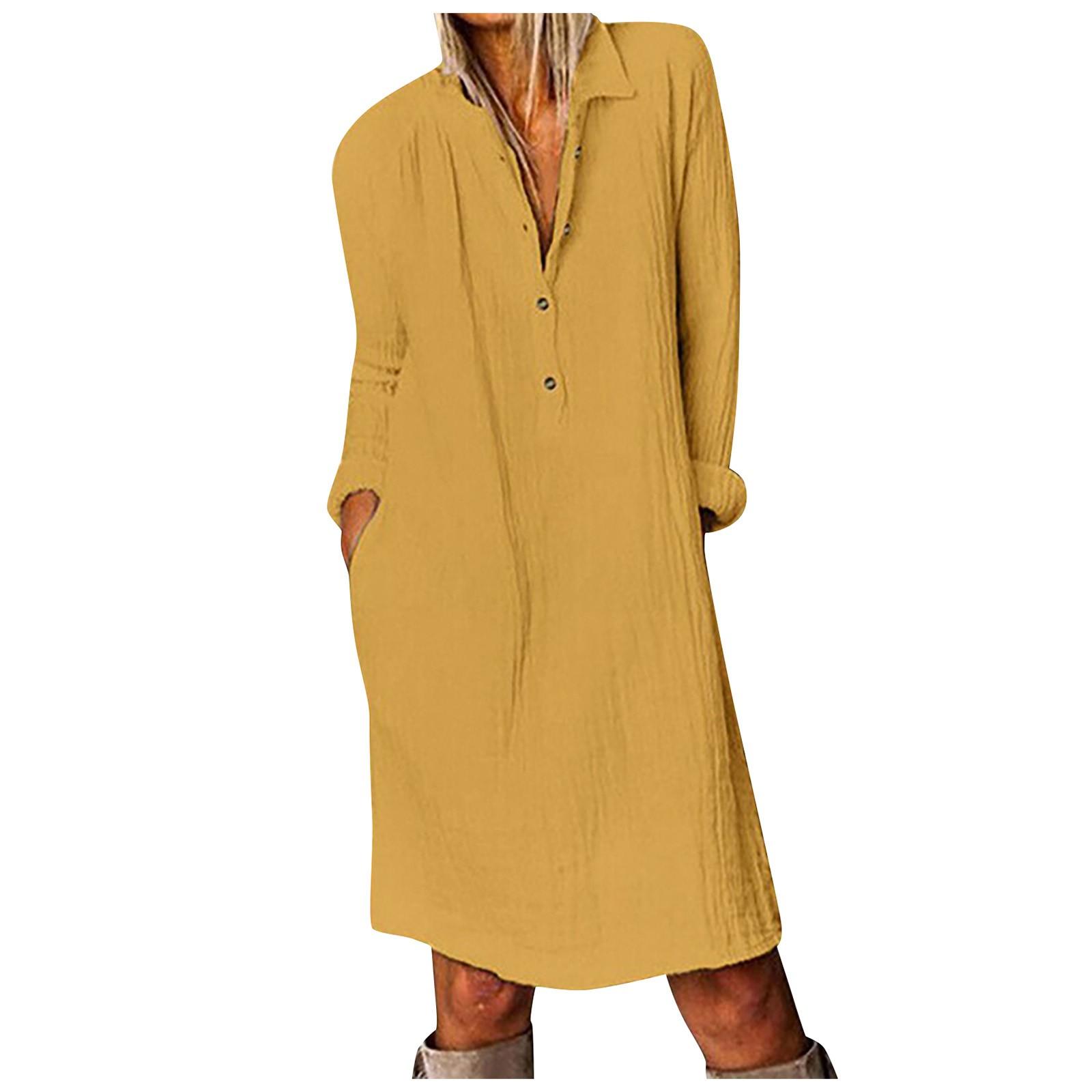 

Женское повседневное платье больших размеров из хлопка и льна с отложным воротником и длинным рукавом M хаки