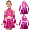 Set Costume da Danza Jazz per Bambini Scintillante Paillettes Crop Top Schiena con Foro Senza Maniche Taglie Forti Gonna a Zampa Metallizzata e Guanti con Frange di Paillettes Gara