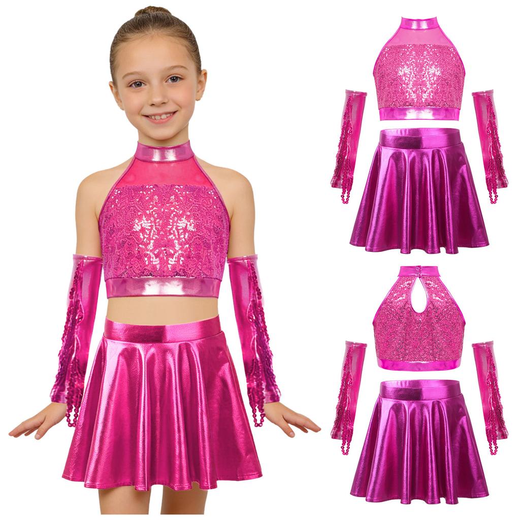 Set Costume da Danza Jazz per Bambini Scintillante Paillettes Crop Top Schiena con Foro Senza Maniche Taglie Forti Gonna a Zampa Metallizzata e Guanti con Frange di Paillettes Gara