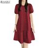 ZANZEA Women Casual Round Neck Grid Print Short Sleeve Dress