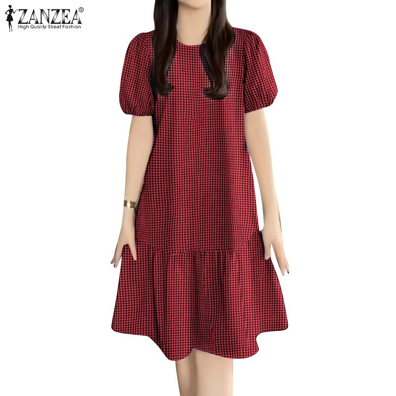 ZANZEA Women Casual Round Neck Grid Print Short Sleeve Dress