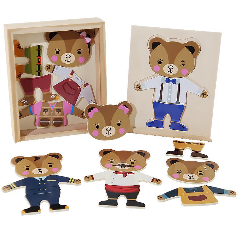 

Wooden Toy Montessori Cartoon Animal Changing Clothes Jigsaw Bear Clothes Changing Shape Matching Puzzle Kids Educational Toys